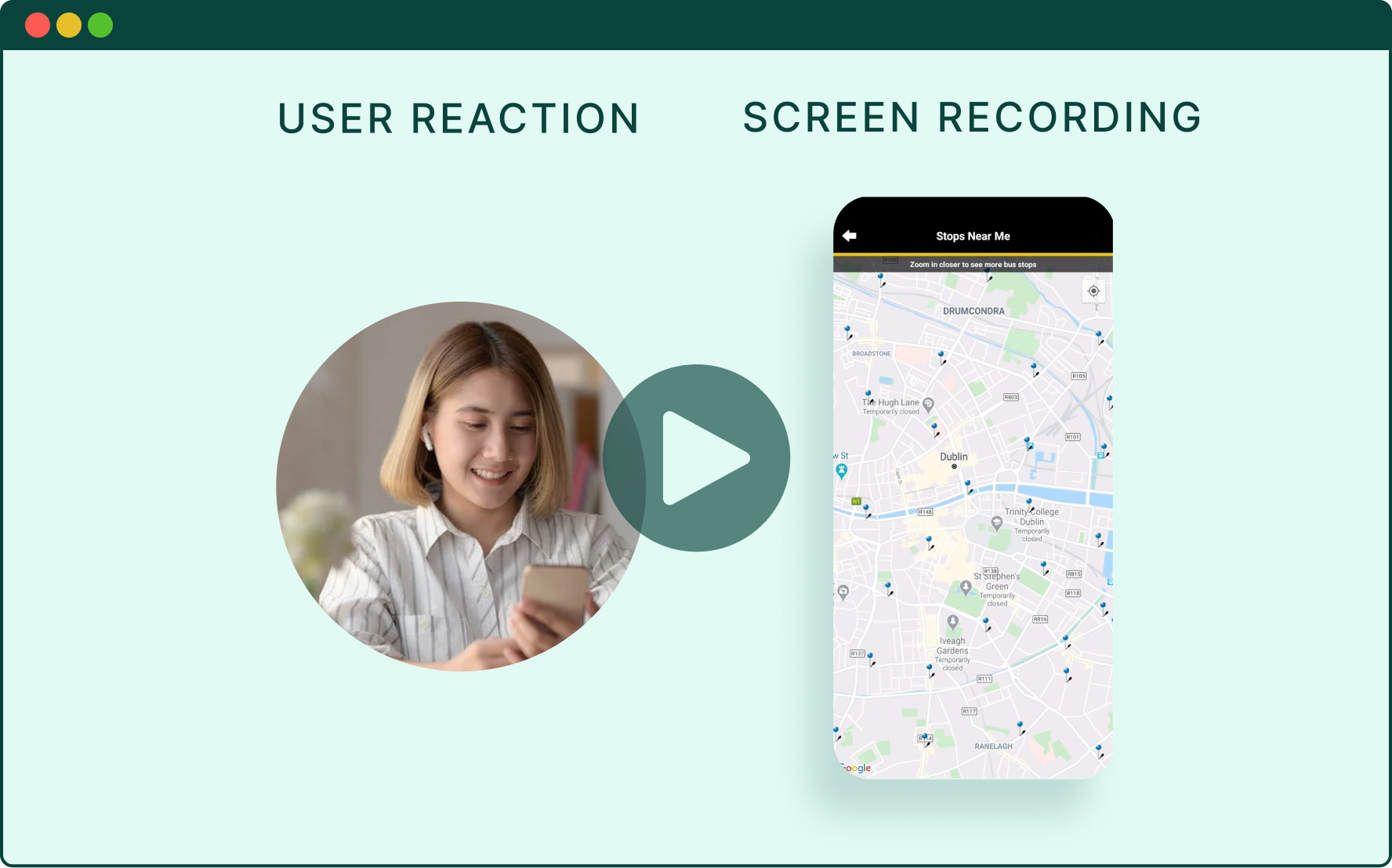 A screenshot of a video player. On the left in the video, titled "user reaction" — a woman using a phone as part of a user research observation task. On the right in the video, titled "screen recording" — is a synchronised recording of the phone screen that the woman is using.
